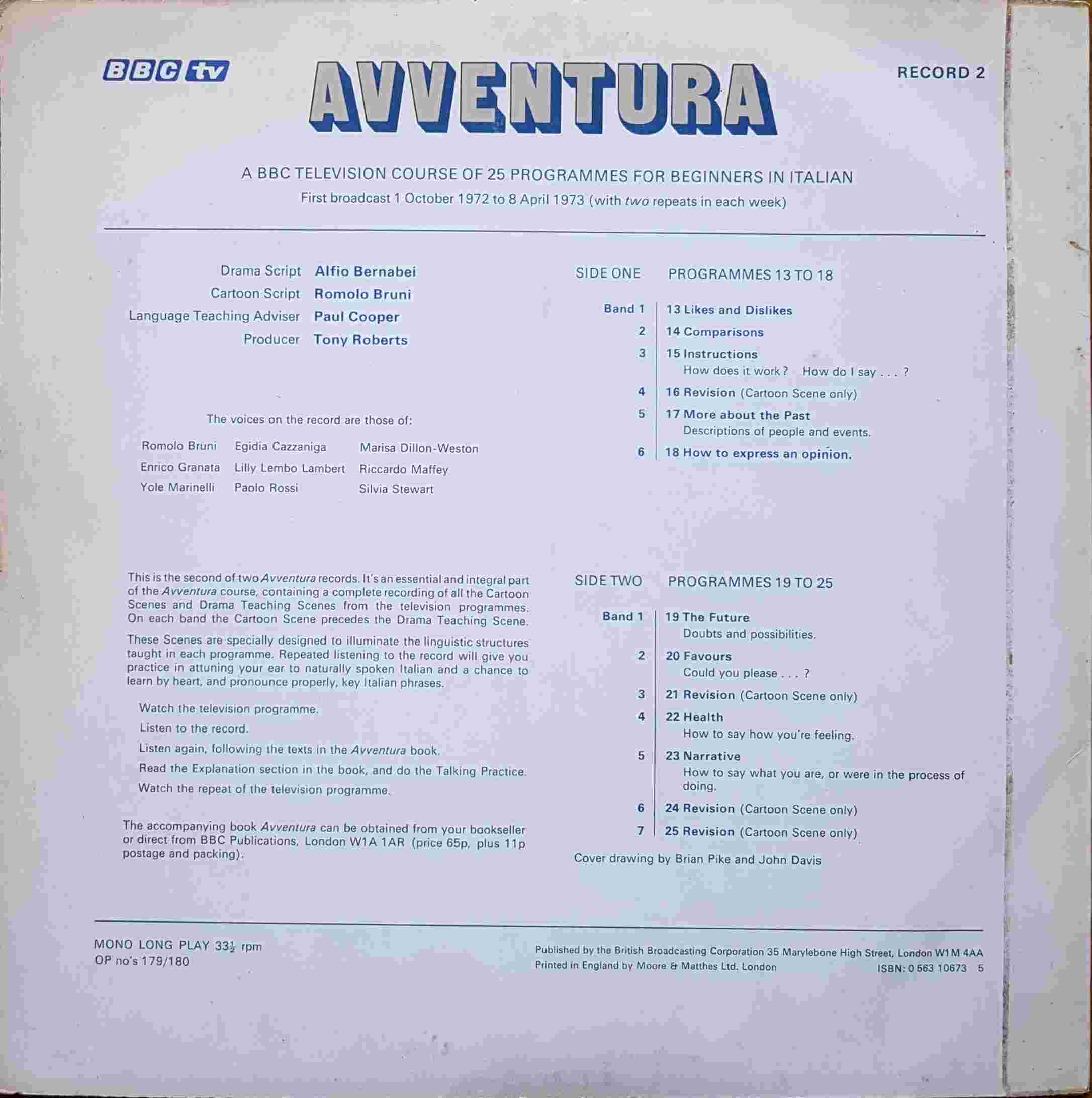 Picture of OP 179/180 Avventura - A beginner's course in Italian - Record 2 - Programmes 13 - 25 by artist Alfio Bernabei / Romolo Bruni from the BBC records and Tapes library